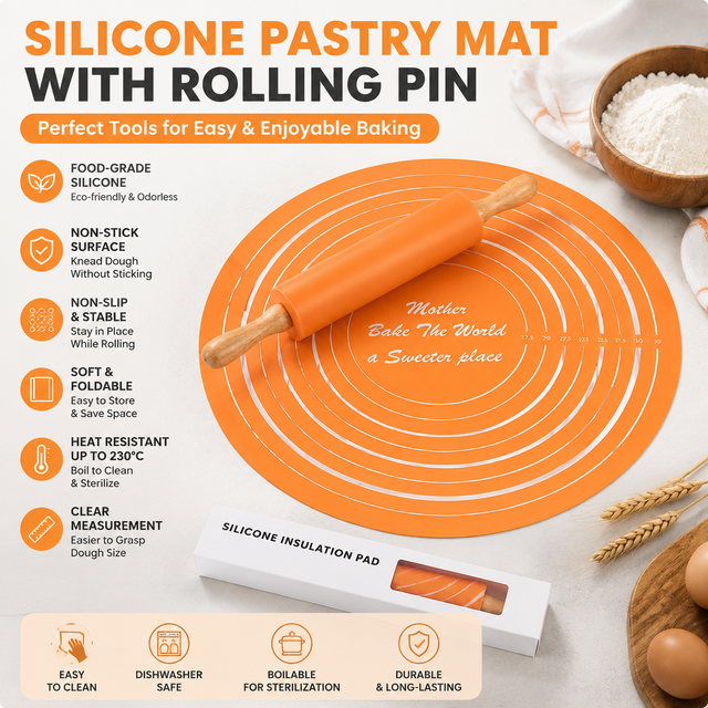 2PCS Orange Nonstick Silicone Dough Mat and Rolling Pin - Non Slip Baking