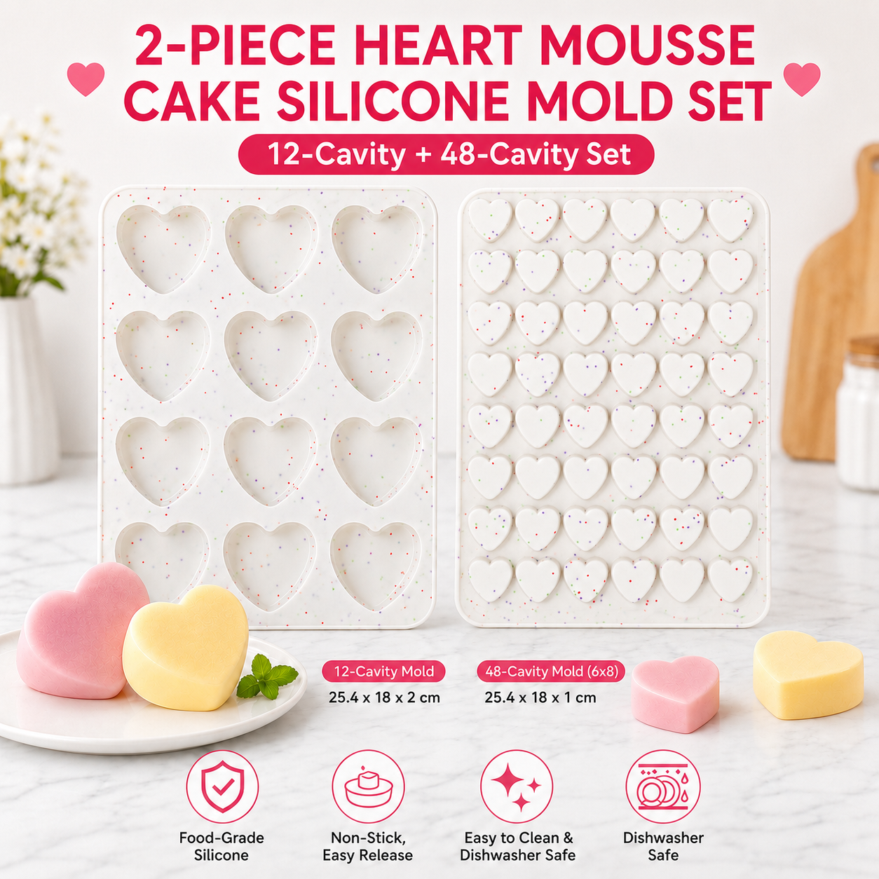 12 Cavity & 48 Cavity Heart Shaped Silicone Nonstick Easy Release Baking Molds