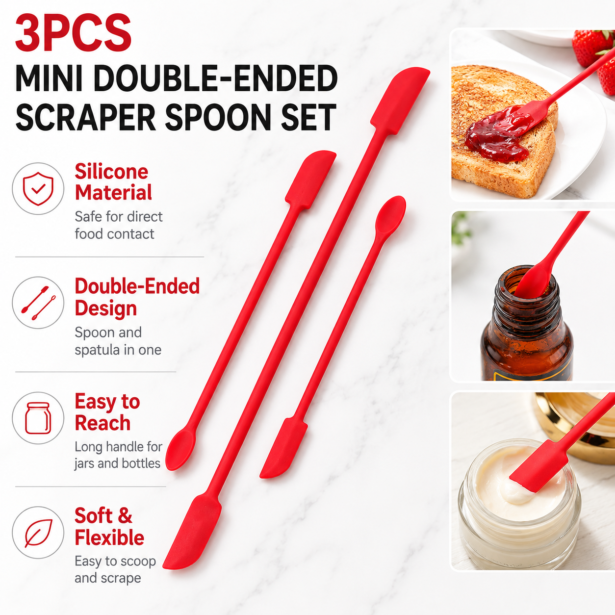 Red Silicone Mini Double Ended Spatula Spoon Set of 3 Sizes - Flexible Kitchen