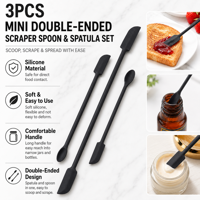 Black Silicone Mini Double Ended Spatula Spoon Set of 3 Sizes - Flexible