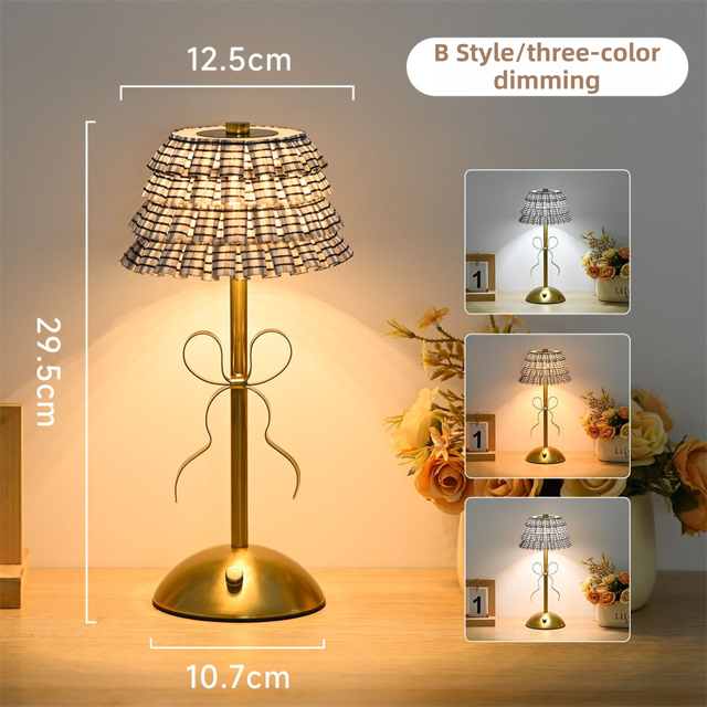 Creative Rechargeable Bow Table Lamp with Pleated Fabric Lampshade - Three