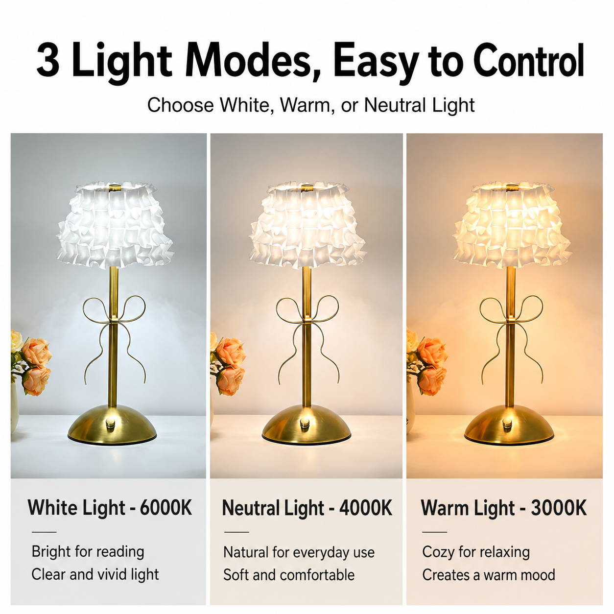 Creative Rechargeable Bow Table Lamp with Pleated Fabric Lampshade - Three view 3