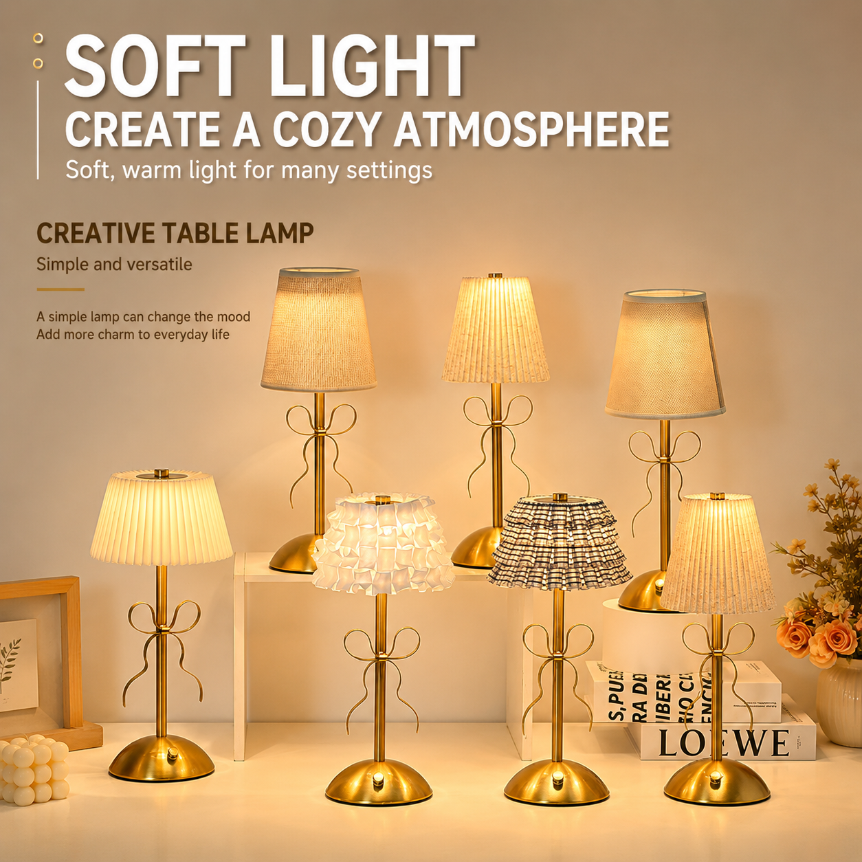 Creative Rechargeable Bow Table Lamp with Pleated Fabric Lampshade - Three view 2
