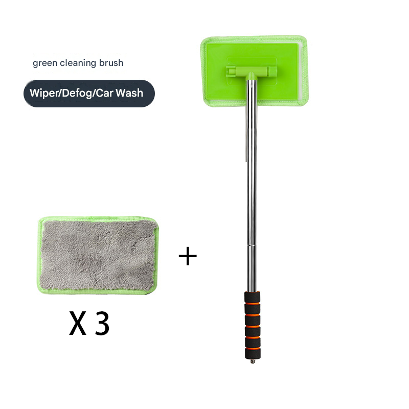 Green Telescopic Car Windshield Cleaning Brush with 3 Replacement Microfiber