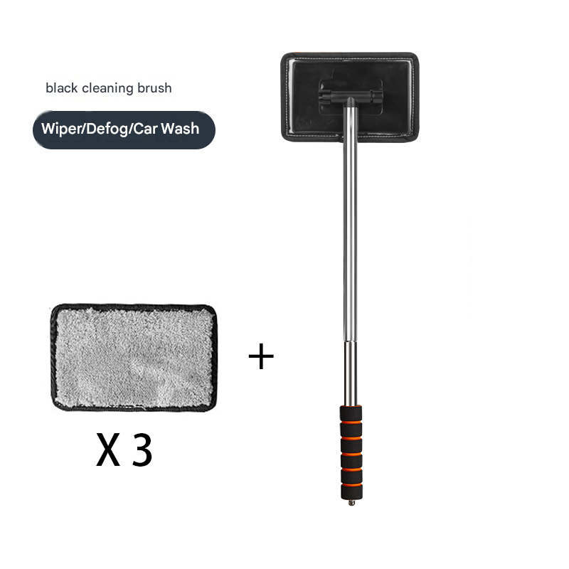 Black Telescopic Car Windshield Cleaning Brush with 3 Replacement Microfiber