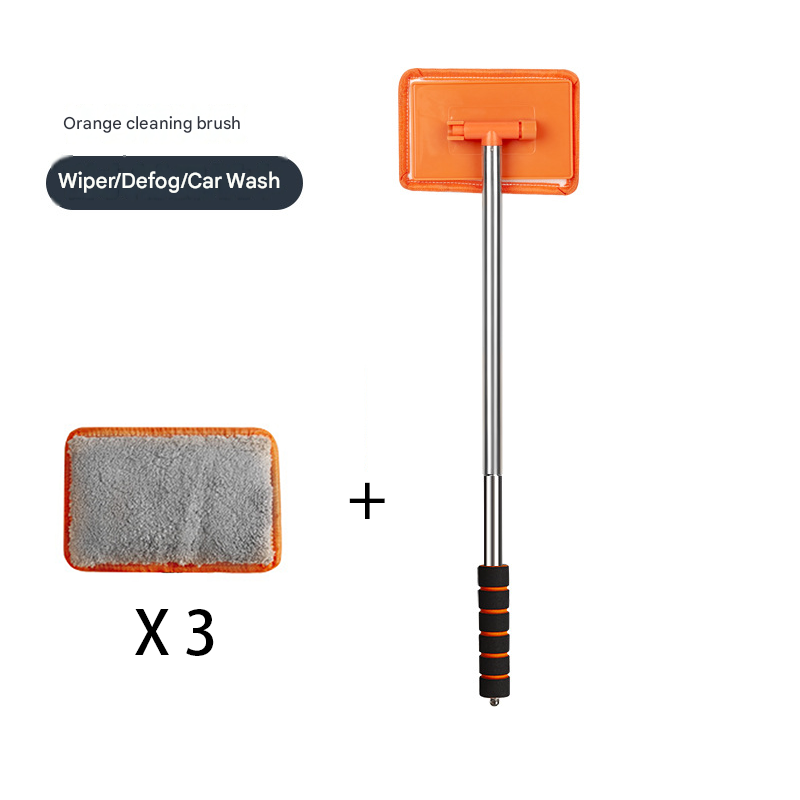 Orange Telescopic Car Windshield Cleaning Brush with 3 Replacement Microfiber