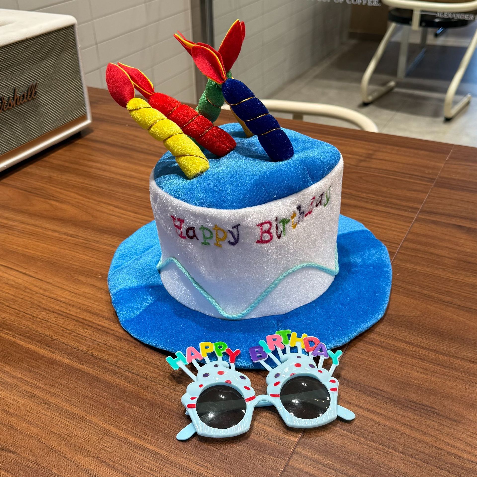 2-piece Blue Plush Birthday Cake Hat Set - Novelty Party Accessory with