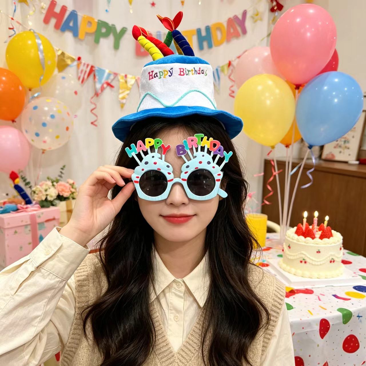 2-piece Blue Plush Birthday Cake Hat Set - Novelty Party Accessory with view 6