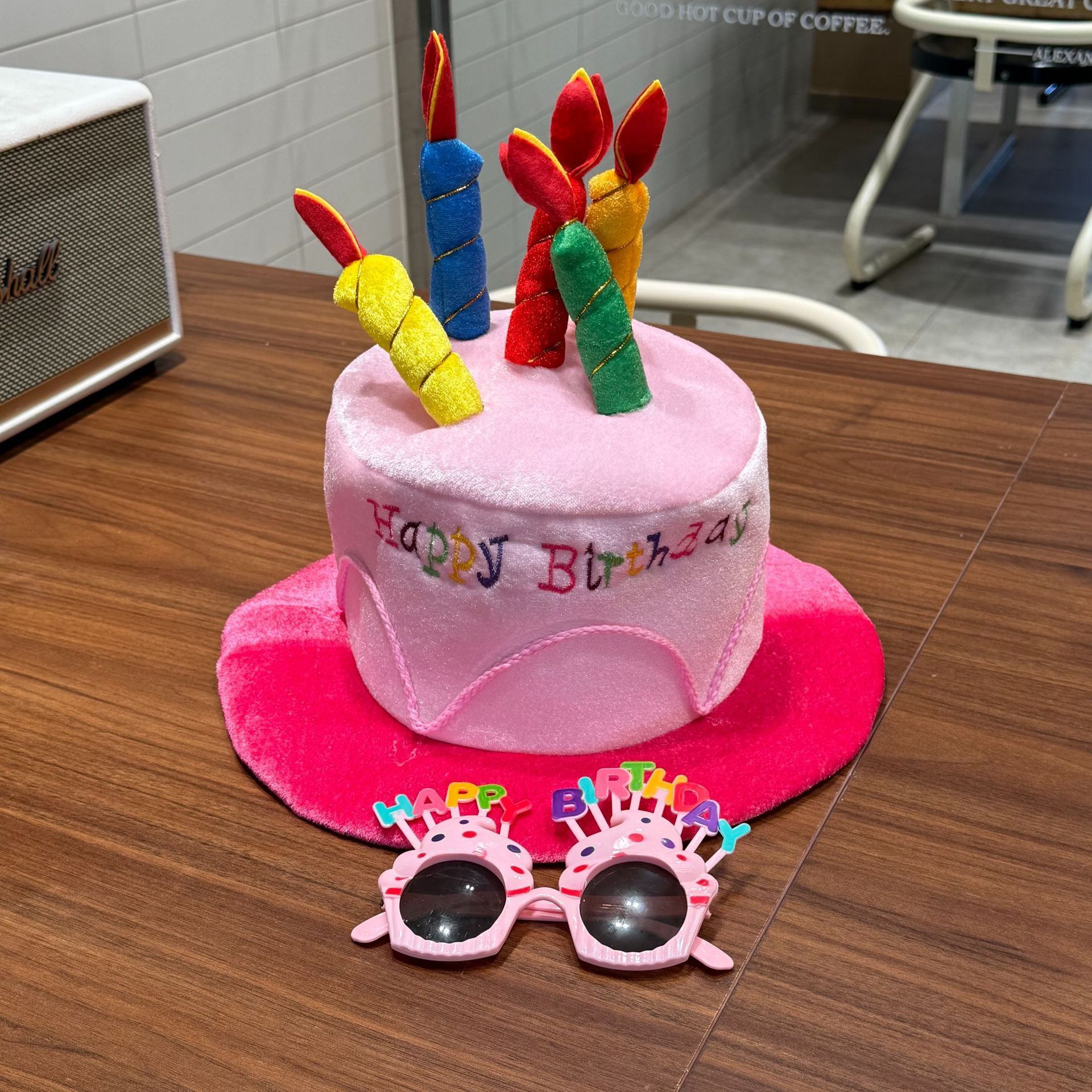 2-piece Pink Plush Birthday Cake Hat Set - Novelty Party Accessory with