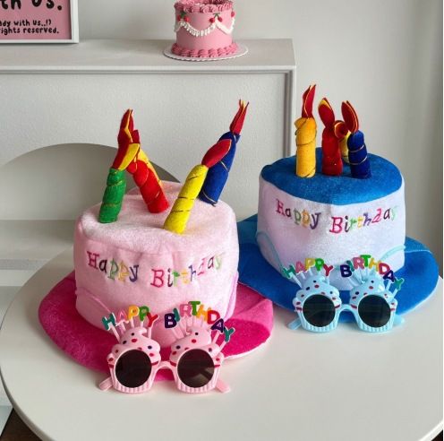 2-piece Pink Plush Birthday Cake Hat Set - Novelty Party Accessory with view 2