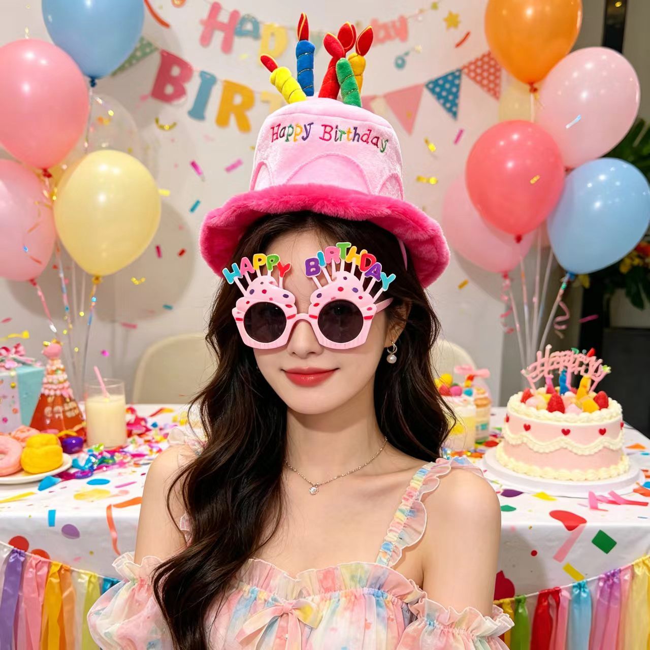 2-piece Pink Plush Birthday Cake Hat Set - Novelty Party Accessory with view 6
