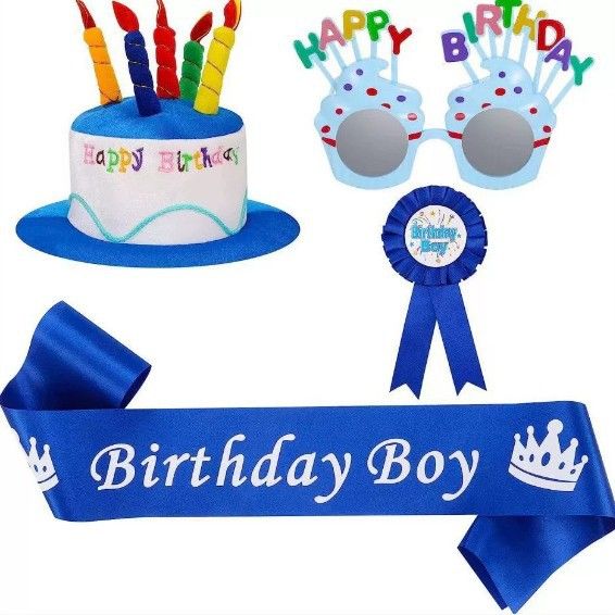 4-piece Blue Plush Birthday Cake Hat Set - Novelty Party Accessory with