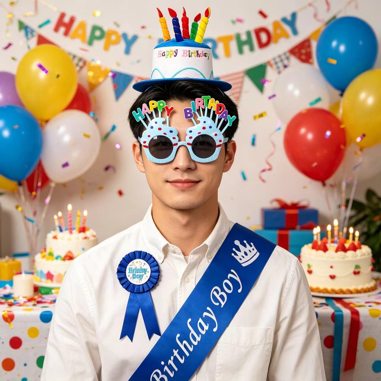 4-piece Blue Plush Birthday Cake Hat Set - Novelty Party Accessory with view 5