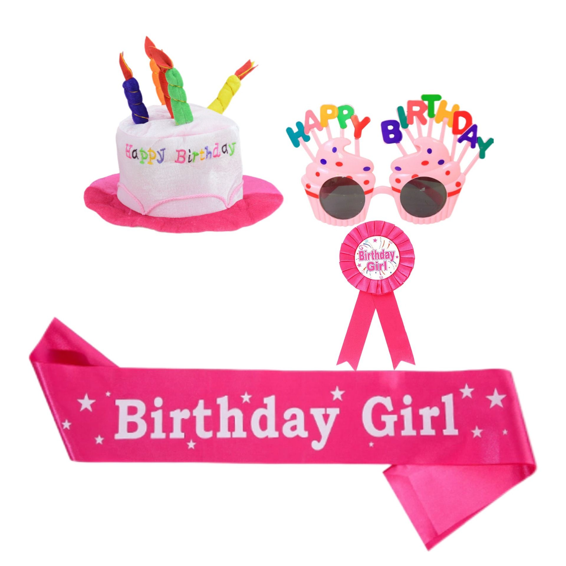 4-piece Pink Plush Birthday Cake Hat Set - Novelty Party Accessory with