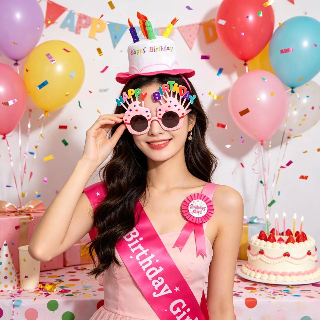4-piece Pink Plush Birthday Cake Hat Set - Novelty Party Accessory with view 5