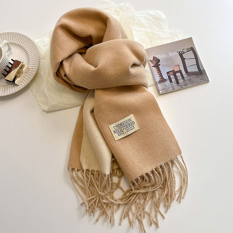Khaki and Beige Double-Sided Reversible Imitation Cashmere Scarf for Women