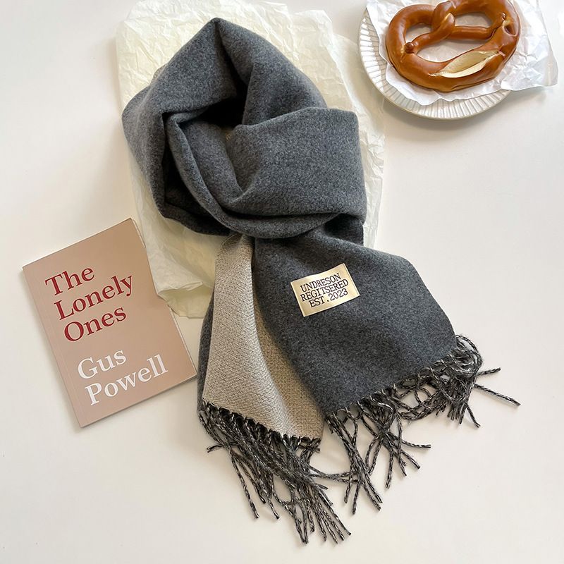 Dark Grey and Beige Double-Sided Reversible Imitation Cashmere Scarf for Women