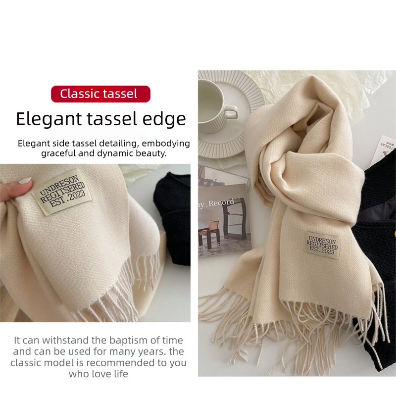 Beige Double-Sided Reversible Imitation Cashmere Scarf for Women - Soft Warm view 3