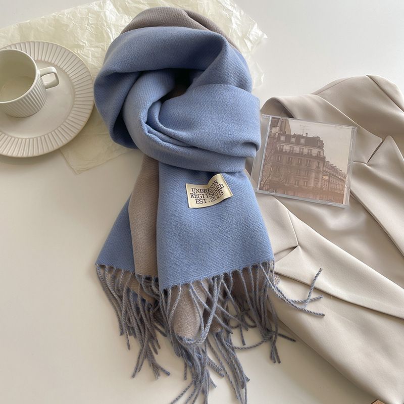 Blue and Grey Double-Sided Reversible Imitation Cashmere Scarf for Women