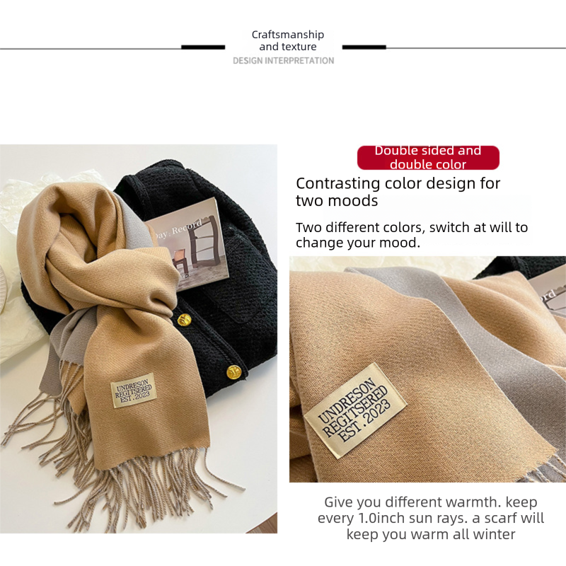 Blue and Grey Double-Sided Reversible Imitation Cashmere Scarf for Women view 2