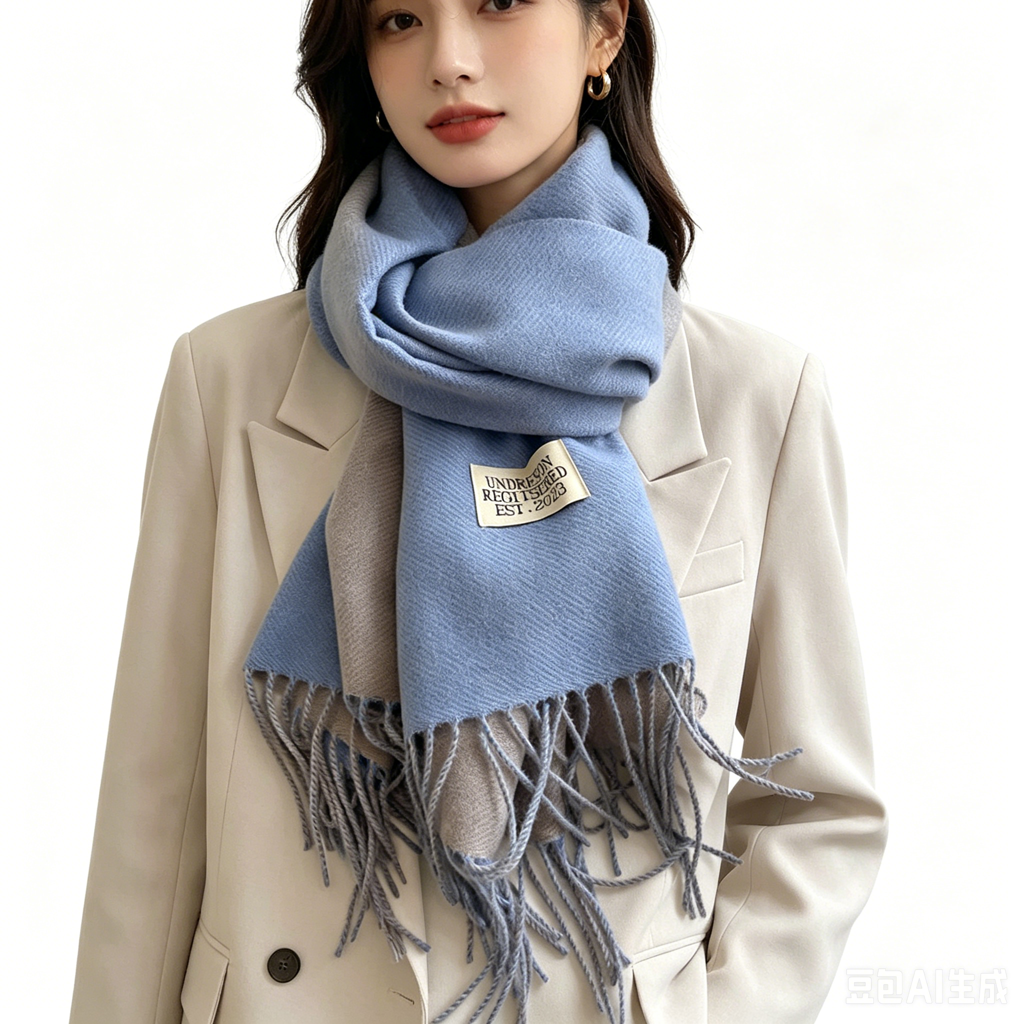 Blue and Grey Double-Sided Reversible Imitation Cashmere Scarf for Women view 6
