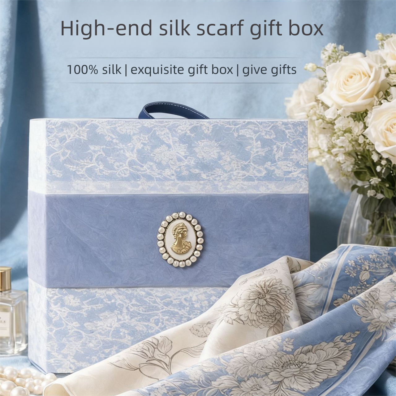 Mulberry Silk Square Scarf for Women - 53x53cm Floral Print Neck Scarf with view 2