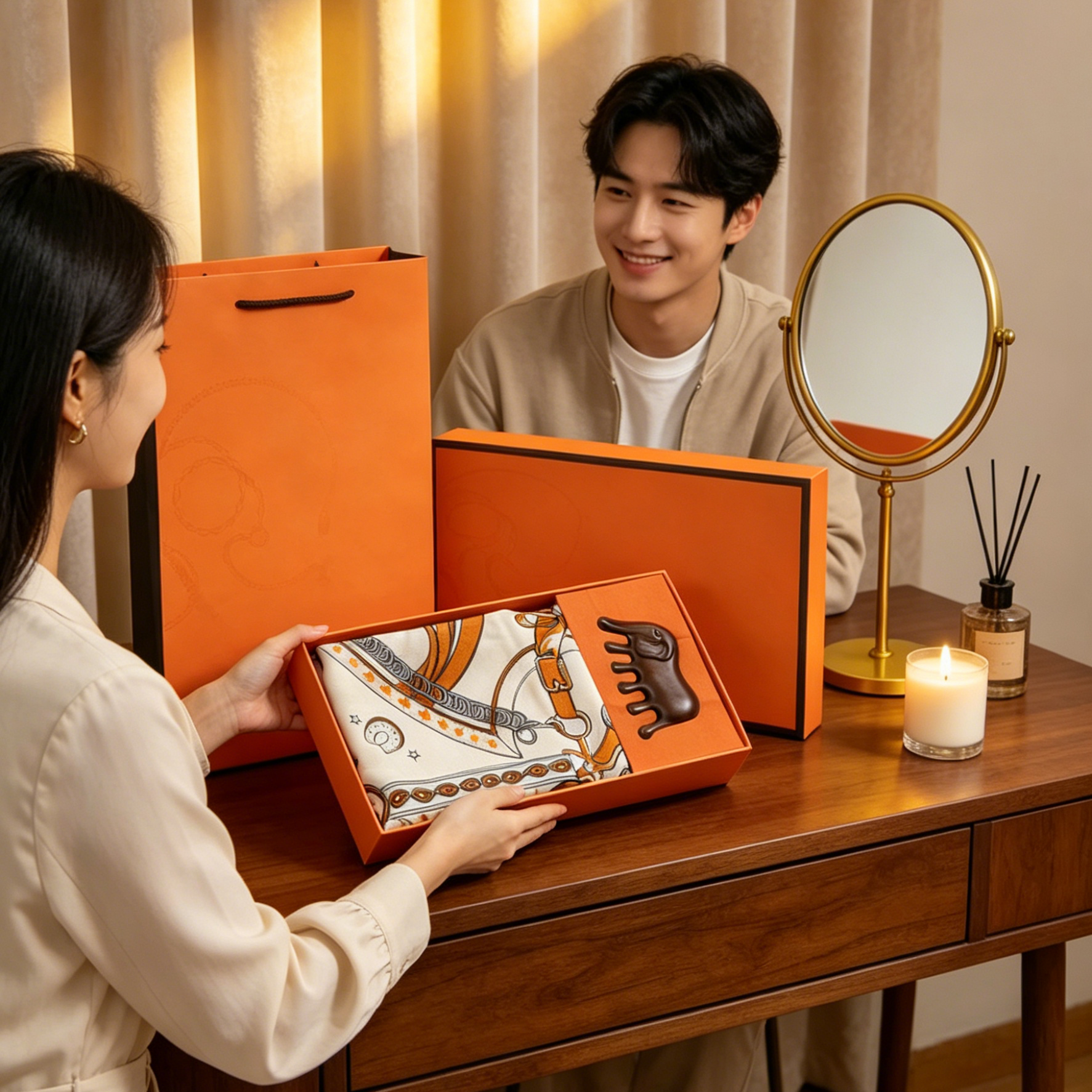 Luxury Orange Scarf Gift Set for Women - 70x70cm Belt Buckle Print Square view 2