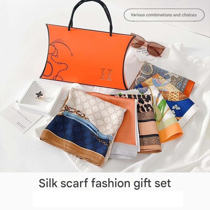 Light Green Ink-Wash Style Korean Design 70x70cm Imitation Silk Scarf Gift Set view 3