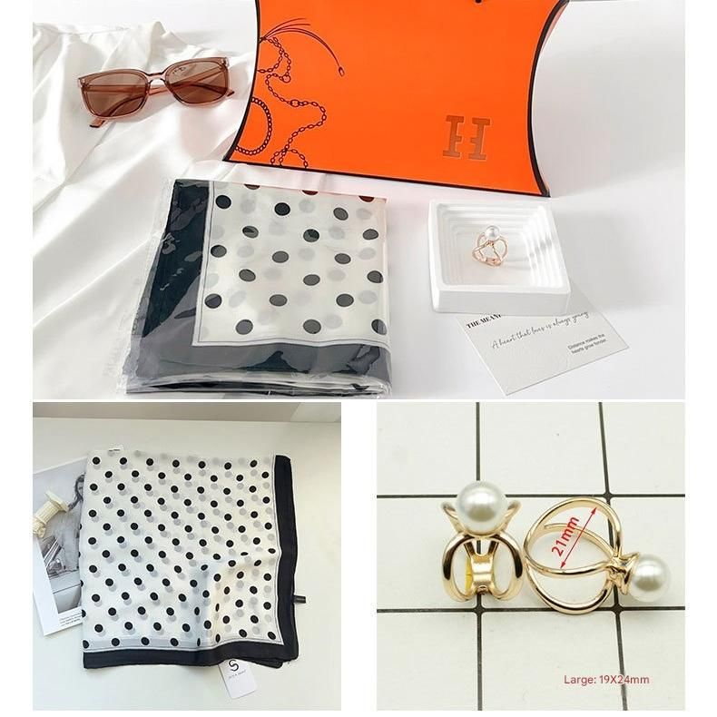 Black Polka-Dot Style Korean Design 70x70cm Imitation Silk Scarf Gift Set for view 2