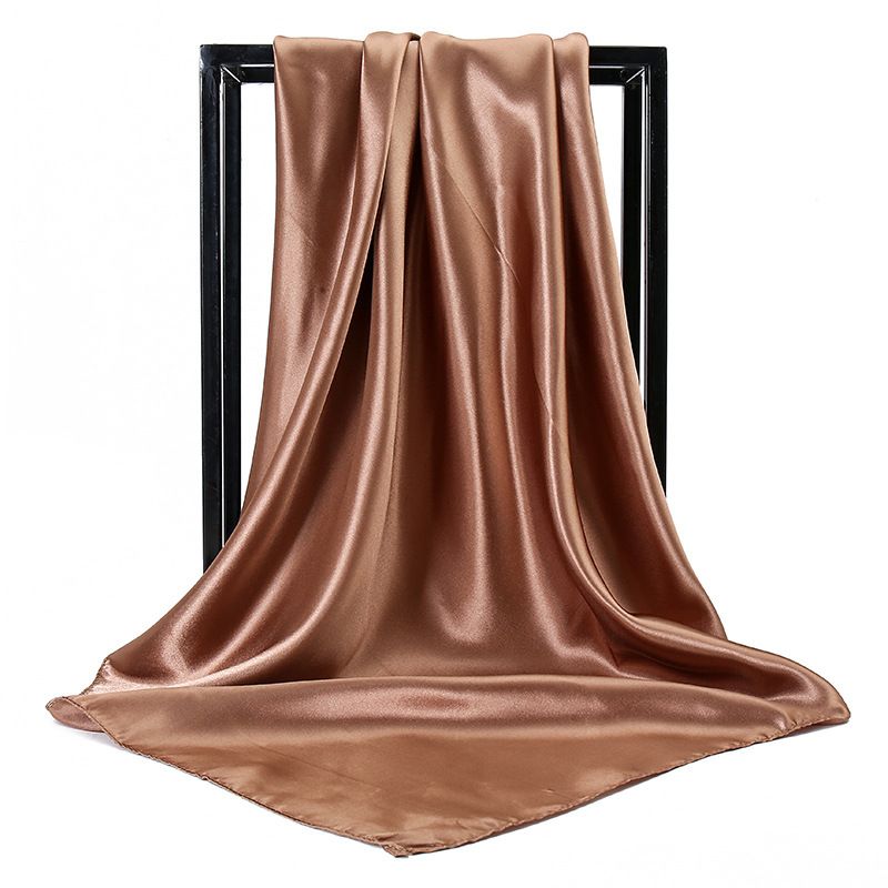 90x90cm Brown Solid Color Satin Square Scarf for Women - Imitation Silk