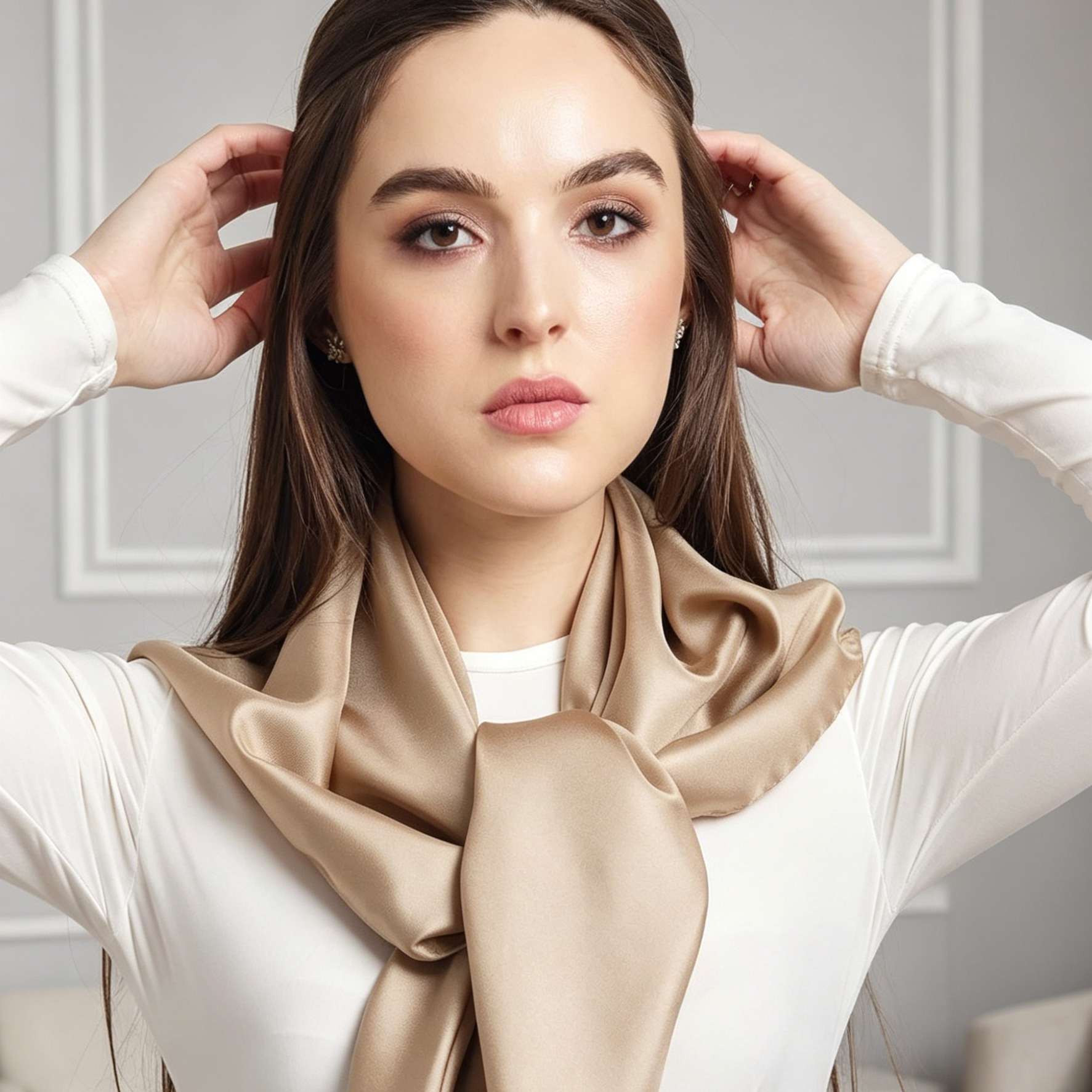 90x90cm Brown Solid Color Satin Square Scarf for Women - Imitation Silk view 7