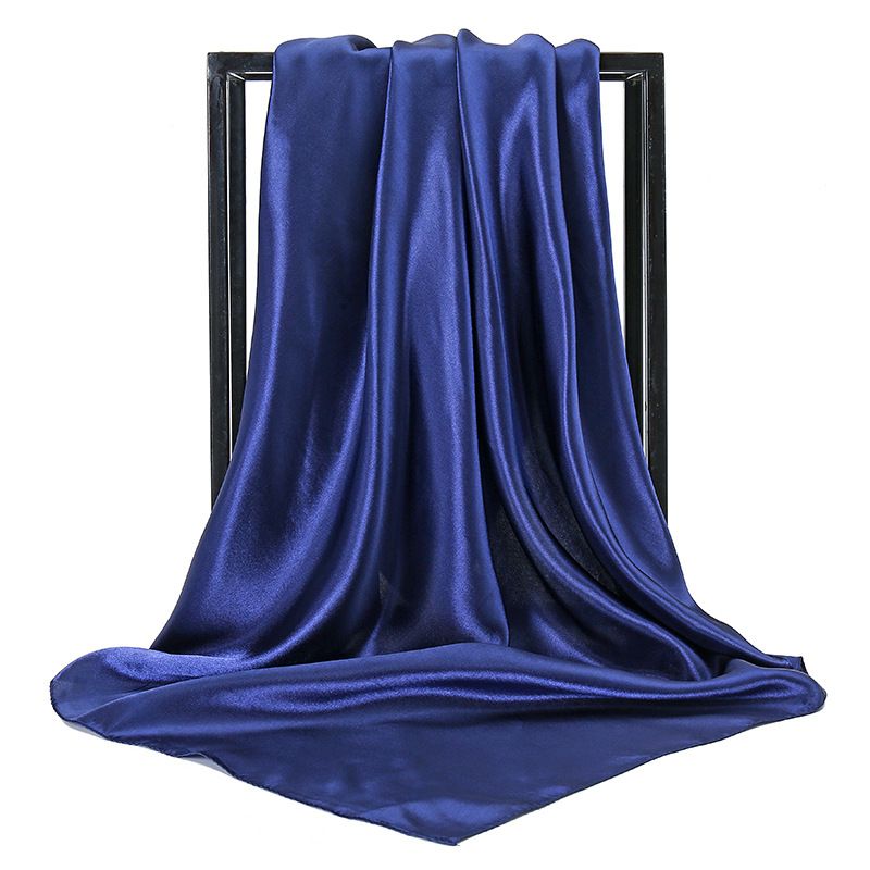90x90cm Navy blue Solid Color Satin Square Scarf for Women - Imitation Silk