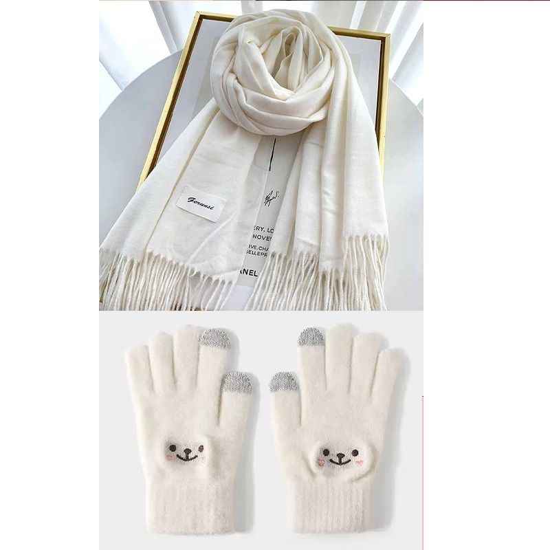 White Winter Cashmere-Like Scarf and Gloves Gift Set for Women - Solid Color view 2
