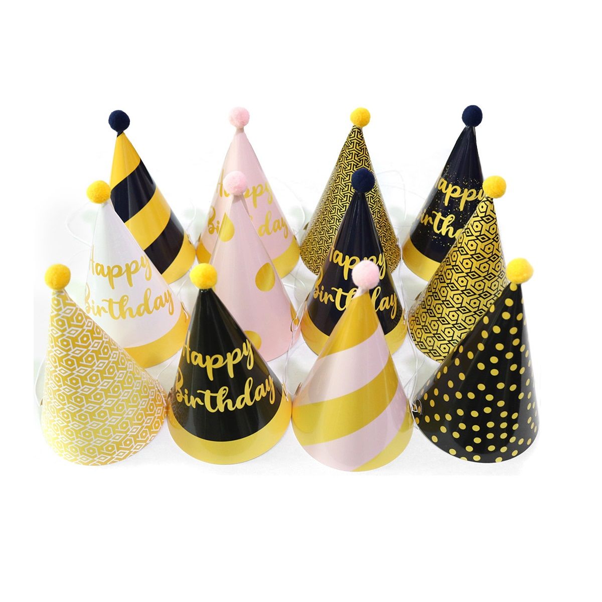 12-piece Birthday Party Hats Set - Gold Pink and Black Paper Cone Hats with
