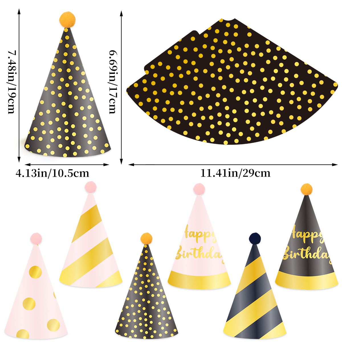 12-piece Birthday Party Hats Set - Gold Pink and Black Paper Cone Hats with view 3