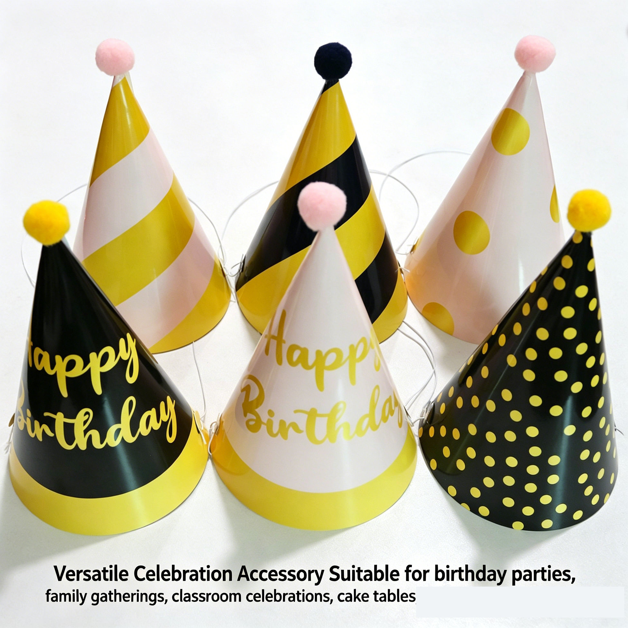 12-piece Birthday Party Hats Set - Gold Pink and Black Paper Cone Hats with view 8