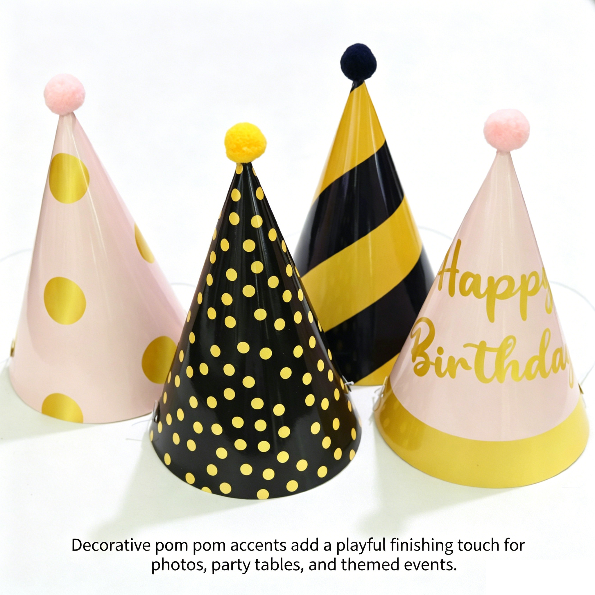 12-piece Birthday Party Hats Set - Gold Pink and Black Paper Cone Hats with view 9