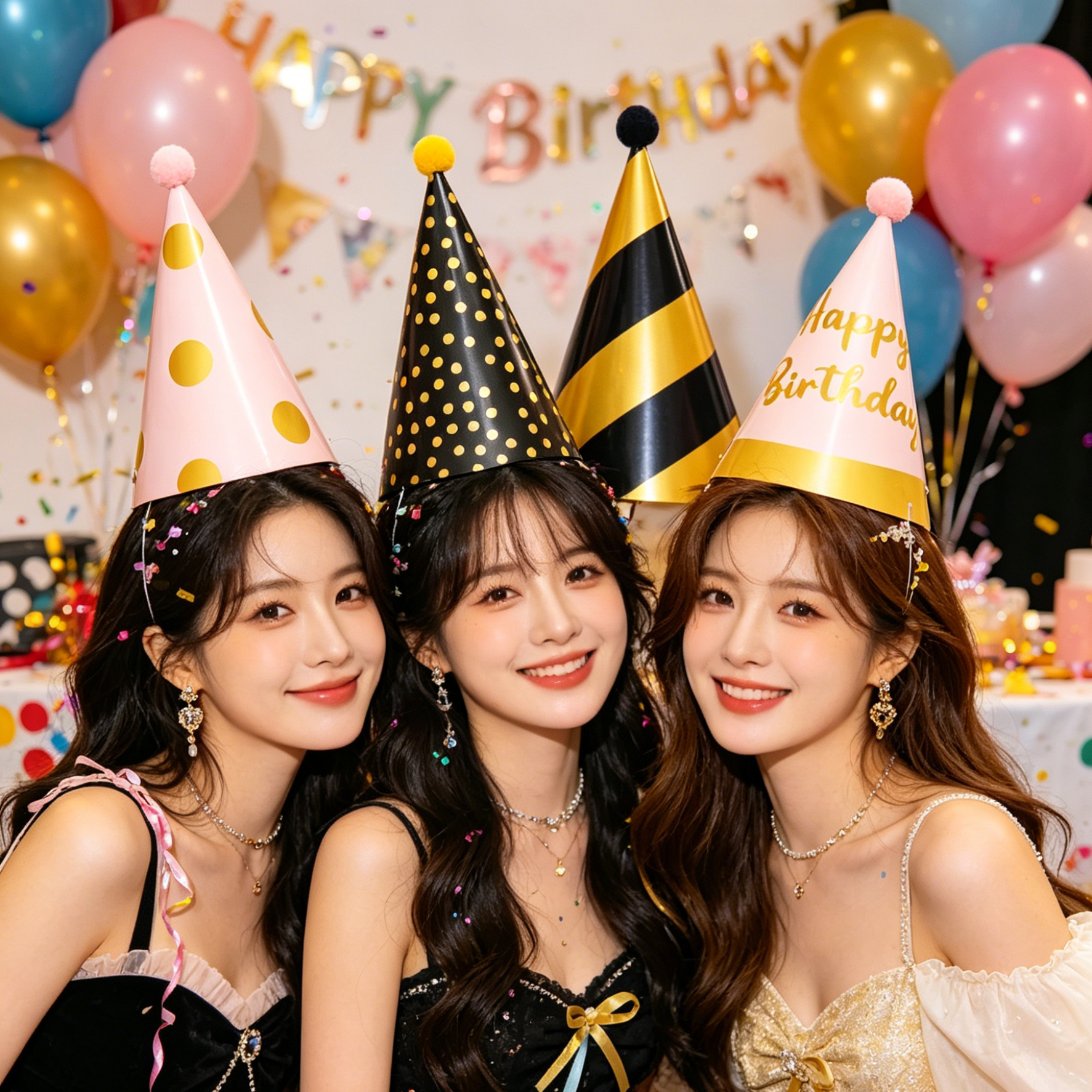 12-piece Birthday Party Hats Set - Gold Pink and Black Paper Cone Hats with view 10