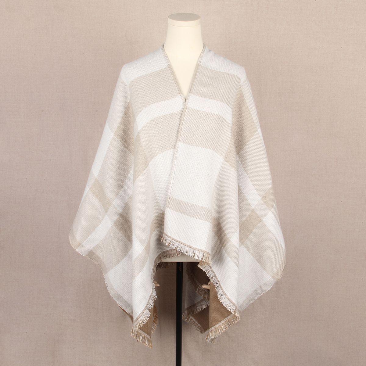 Beige and Brown Women Plaid Poncho Shawl Wrap - Faux Cashmere Reversible Cape