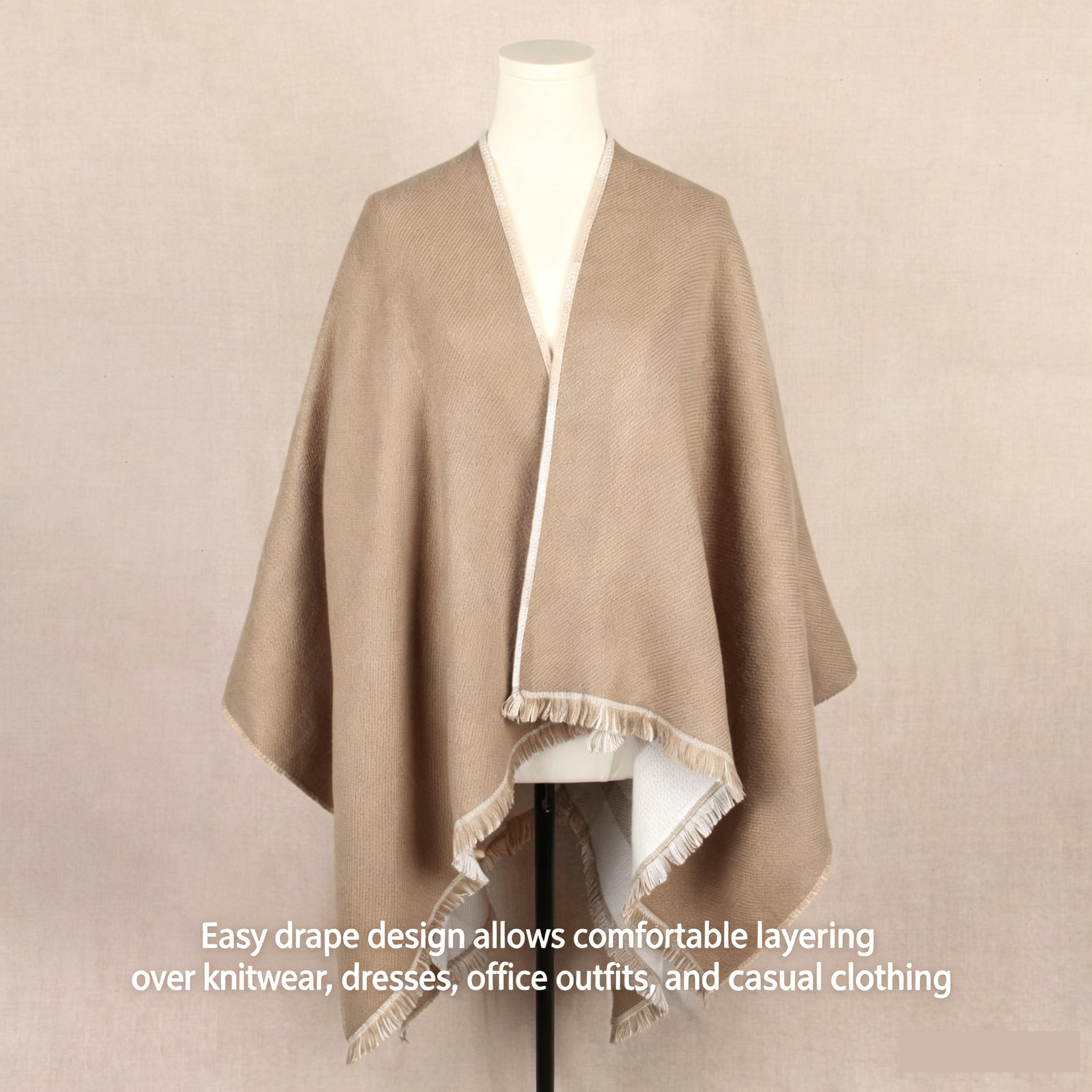 Beige and Brown Women Plaid Poncho Shawl Wrap - Faux Cashmere Reversible Cape view 2