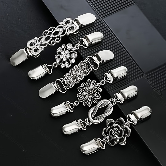 6 pcs Silvery Vintage Sweater Shawl Clip Brooch - Decorative Cardigan Collar
