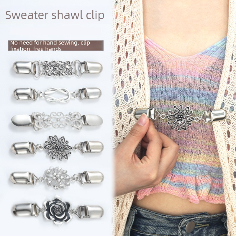 4 pcs Silvery Vintage Sweater Shawl Clip Brooch - Decorative Cardigan Collar view 2