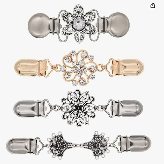 4 pcs Silvery and Yellow Vintage Sweater Shawl Clip Brooch - Decorative