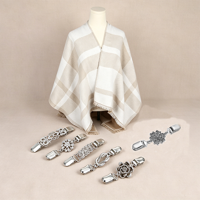 7-piece Women Reversible Plaid Poncho Shawl Set - Faux Cashmere Cape Wrap with