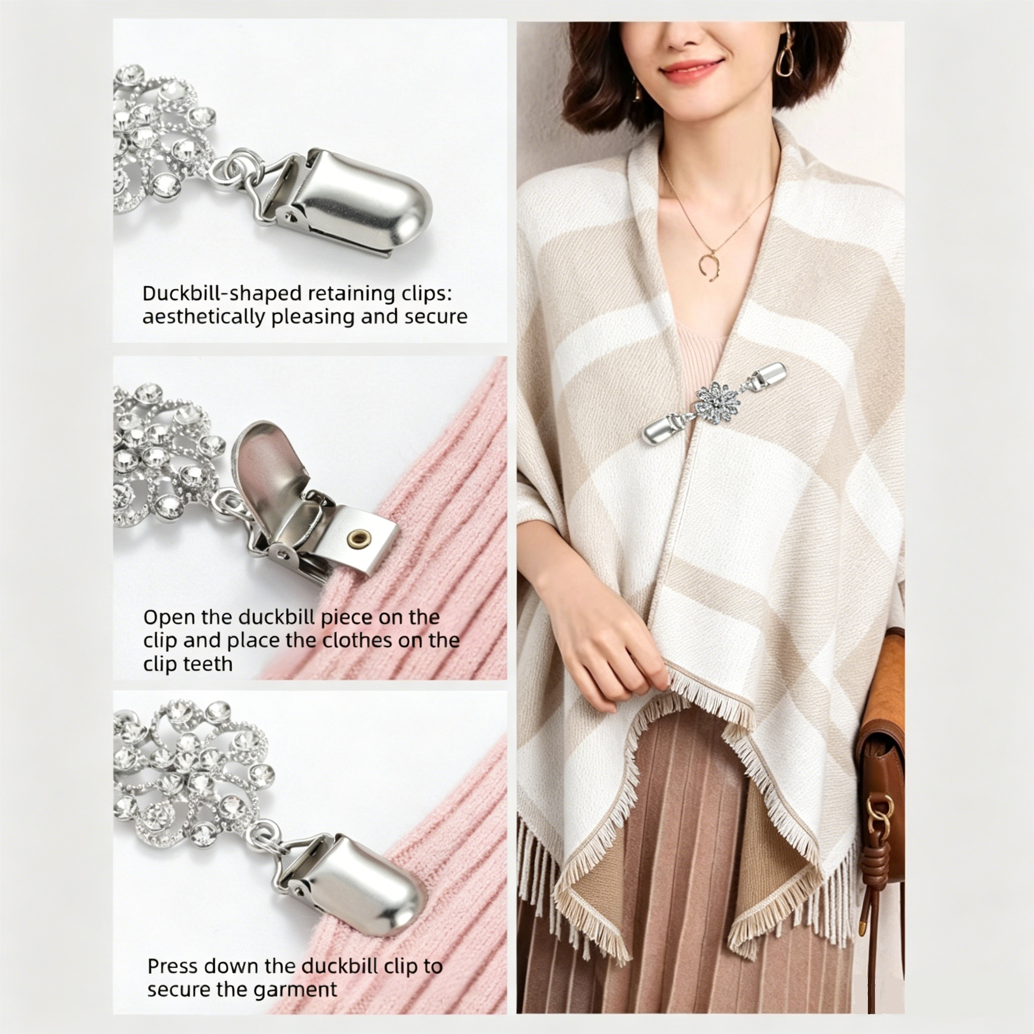 7-piece Women Reversible Plaid Poncho Shawl Set - Faux Cashmere Cape Wrap with view 2
