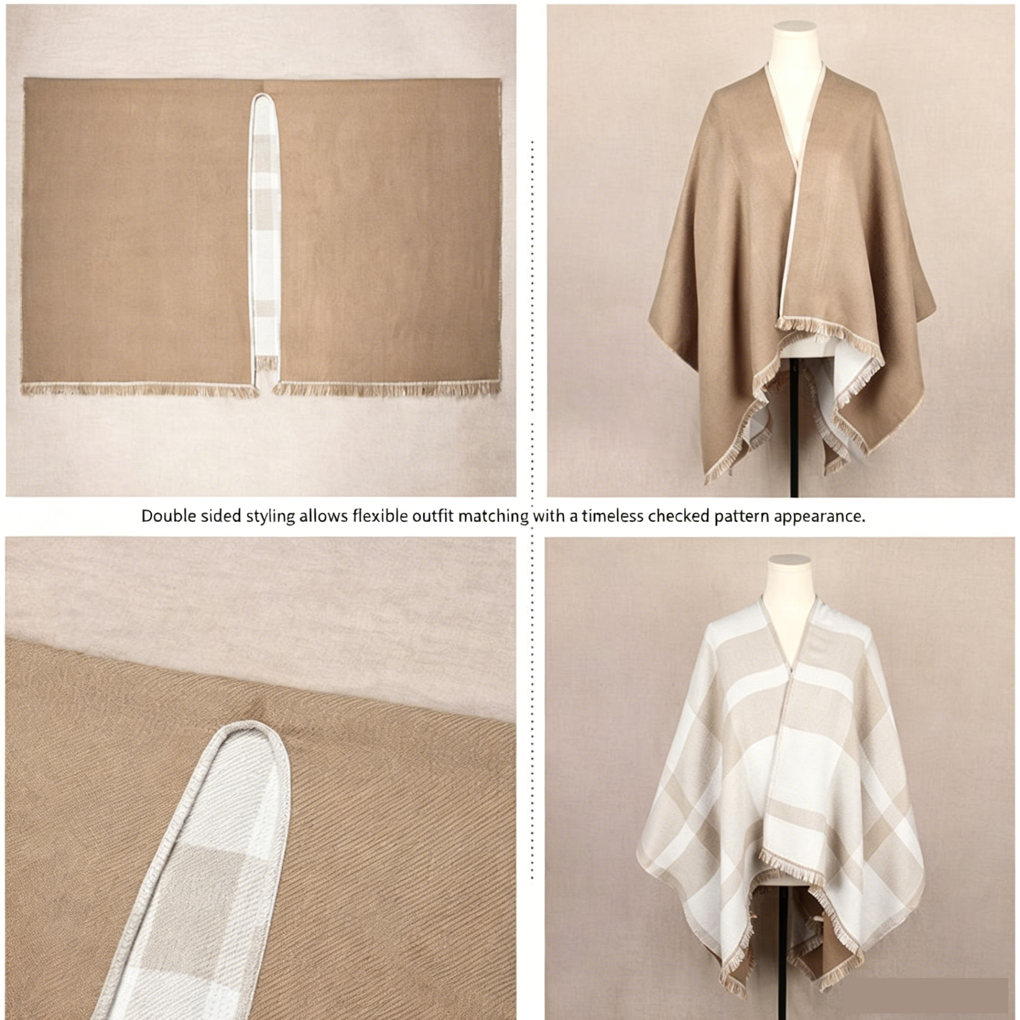 7-piece Women Reversible Plaid Poncho Shawl Set - Faux Cashmere Cape Wrap with view 3