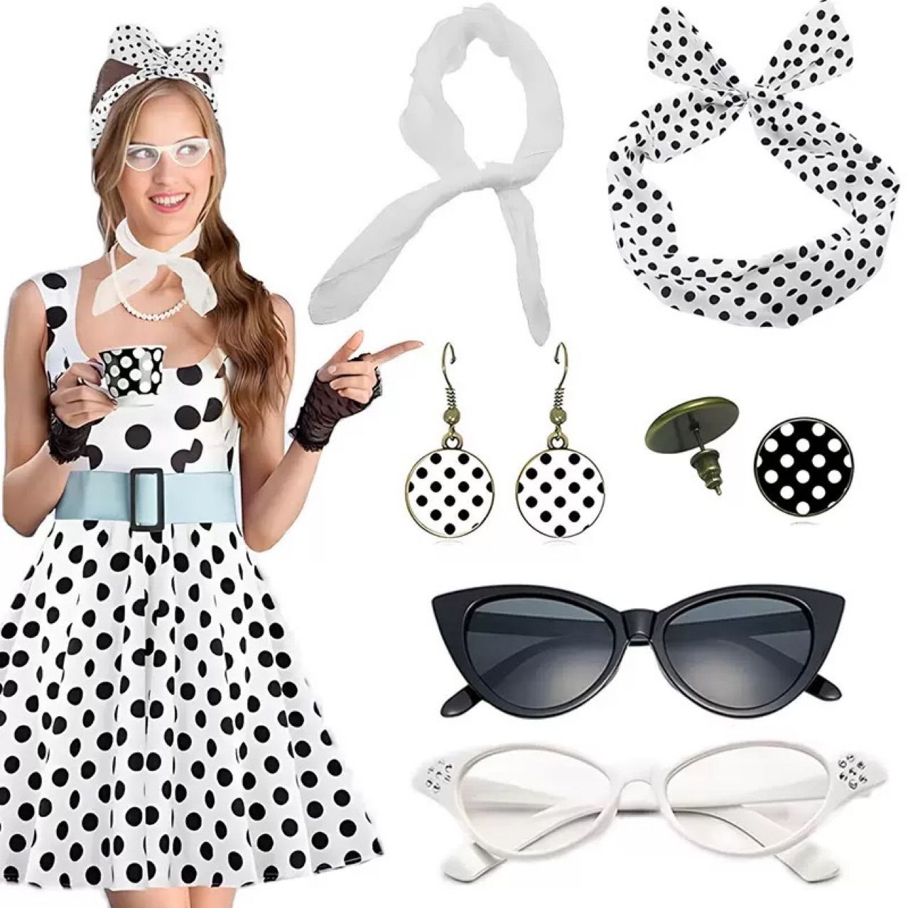 White 6 Piece Vintage Polka Dot Party Kit Accessories Set - 1950s Retro view 2
