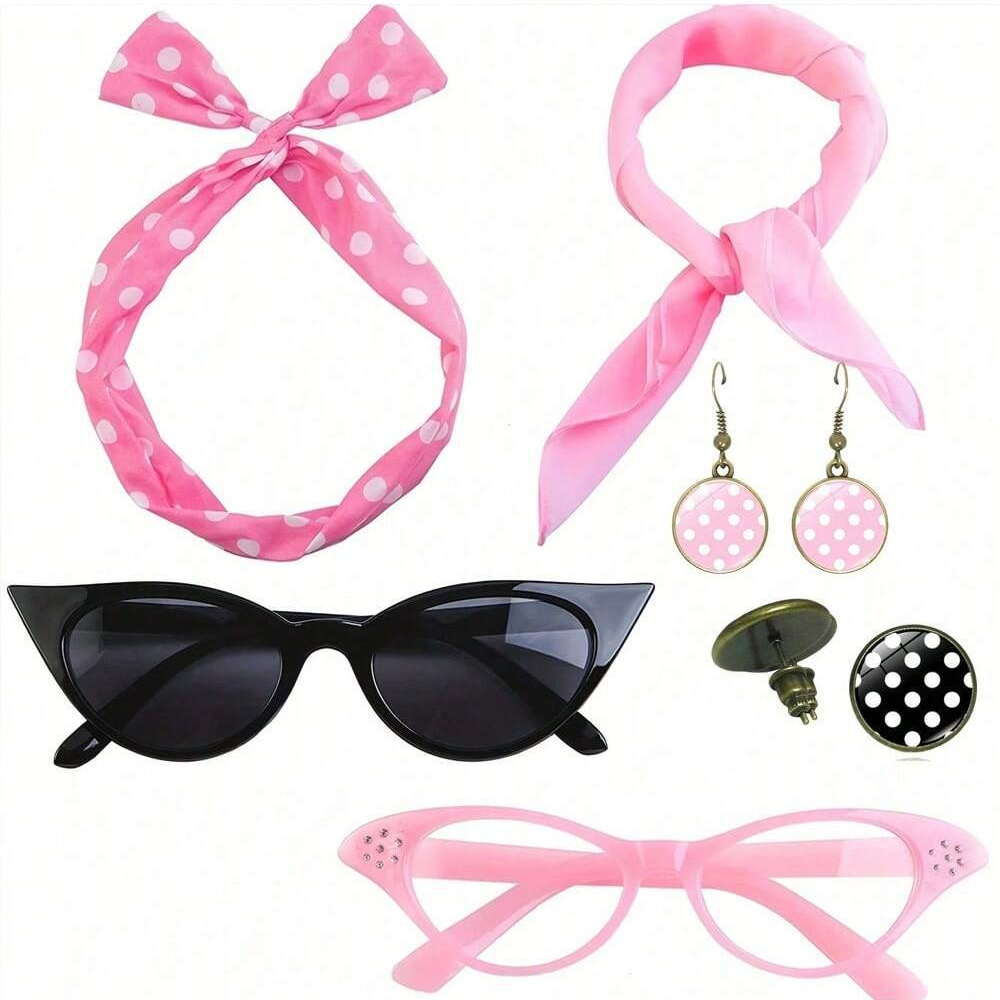 Pink 6 Piece Vintage Polka Dot Party Kit Accessories Set - 1950s Retro Costume