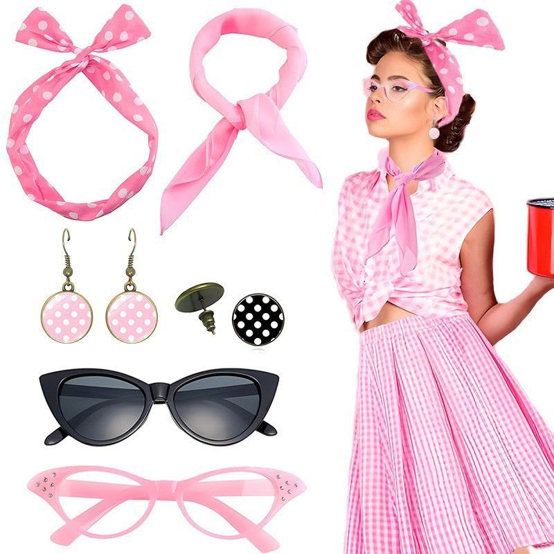 Pink 6 Piece Vintage Polka Dot Party Kit Accessories Set - 1950s Retro Costume view 2