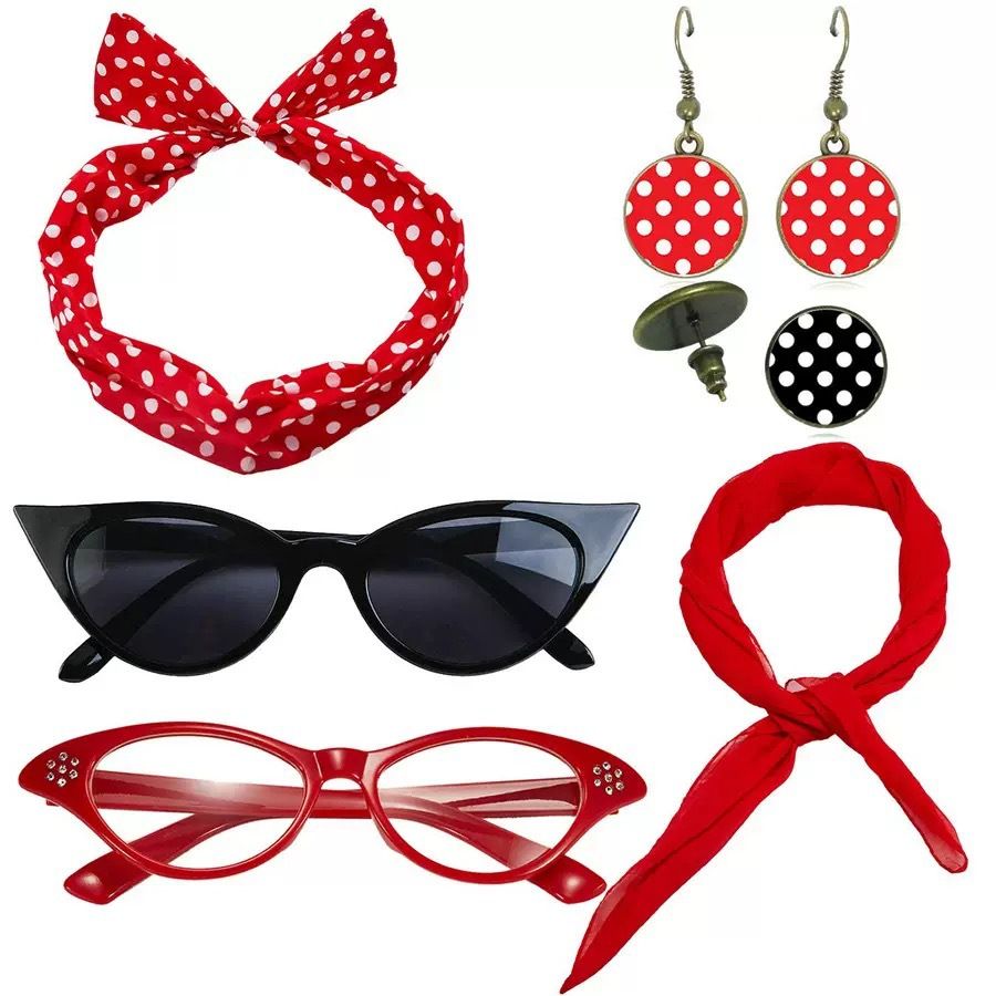 Red 6 Piece Vintage Polka Dot Party Kit Accessories Set - 1950s Retro Costume